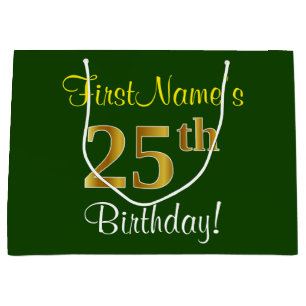 Grand Sac Cadeau Elégant, Vert, Faux Or 25ème Anniversaire + Nom