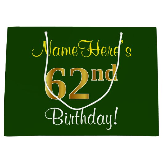 Grand Sac Cadeau Élégant, Vert, Faux Or 62ème anniversaire + Nom (Devant)