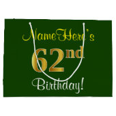 Grand Sac Cadeau Élégant, Vert, Faux Or 62ème anniversaire + Nom (Dos)