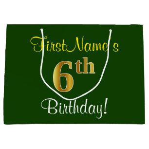 Grand Sac Cadeau Élégant, Vert, Faux Or 6ème anniversaire + Nom