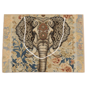 Grand Sac Cadeau Élégant Vintage, Eléphant Antique, Beigi Bleu Pêch