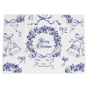 Grand Sac Cadeau Élégant Vintage Joyeux Noël Blue Wreath Bows