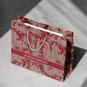 Grand Sac Cadeau Élégant Vintage Rouge Rose Toile de Jouy Français