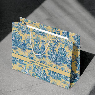 Grand Sac Cadeau Élégant vintage turquoise jaune toile de jouy
