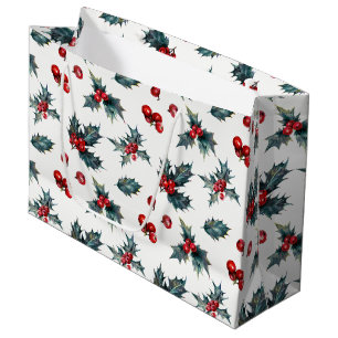 Grand Sac Cadeau Élégante Baie de Houx Fêtes de Noël Rustique