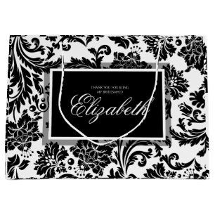 Grand Sac Cadeau Élégante femme de chambre damasée noire et blanche