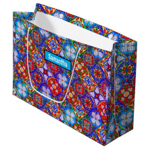 Grand Sac Cadeau Elégante talavera mexicaine carrelage bleu violet 