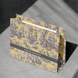 Grand Sac Cadeau Elégante toile vintage noire jaune de jouy