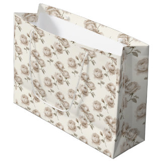 Grand Sac Cadeau Élégantes roses de jardin beige champignon sur ivo