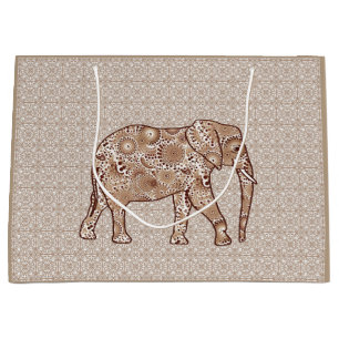 Grand Sac Cadeau Éléphale tourbillon fractal - marron et taupe
