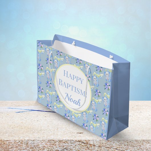 Grand Sac Cadeau Elephant Bébé avec Dove Croix Joyeux Baptême