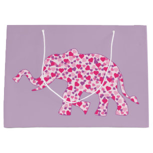 Grand Sac Cadeau Eléphant composé de petits coeurs roses