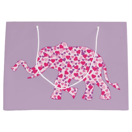 Grand Sac Cadeau Eléphant composé de petits coeurs roses (Devant)