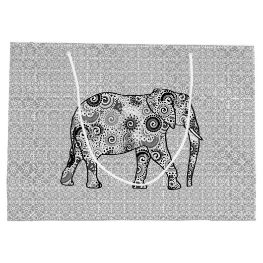 Grand Sac Cadeau Eléphant fractal, gris, noir et blanc (Dos)
