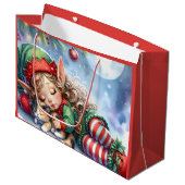 Grand Sac Cadeau Elfe de Noël couché avec Calico Kitten (Devant Angle)