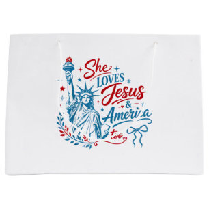 Grand Sac Cadeau Elle aime Jésus et l'Amérique aussi le 4 juillet C