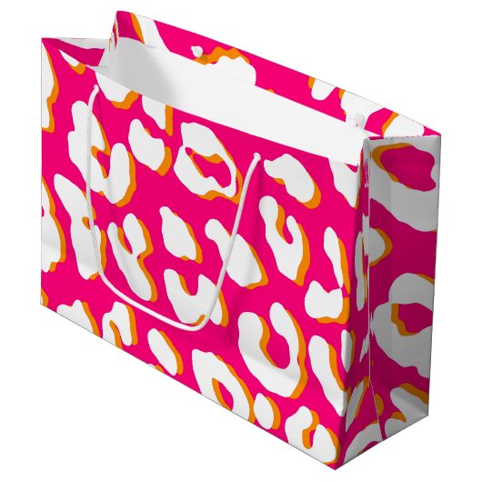 Grand Sac Cadeau Empreinte de léopard blanc rose orange (Devant Angle)