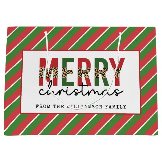 Grand Sac Cadeau Empreinte de léopard de Noël moderne Red Green Str (Devant)