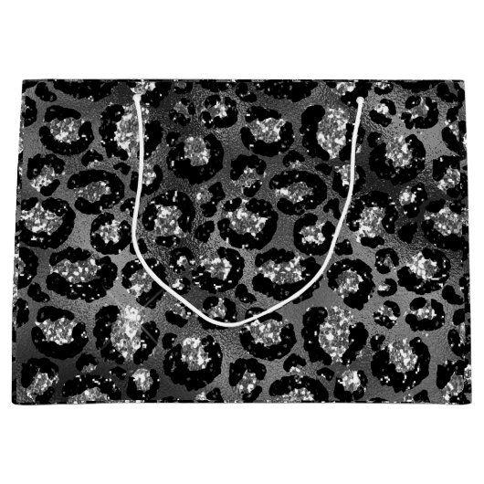 Grand Sac Cadeau Empreinte de léopard noir et gris argenté (Devant)