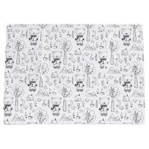 Grand Sac Cadeau Enfant Noël Noir & Blanc Nounours d'hiver