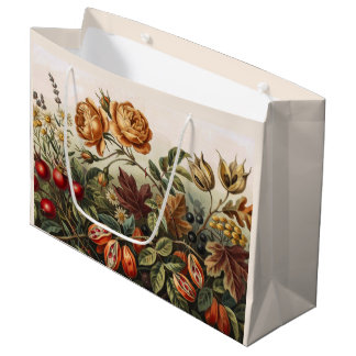 Grand Sac Cadeau Ensemble d'art floral automnal vintage, botanique 