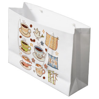 Grand Sac Cadeau Ensemble de doodles d'art folklorique et de café d
