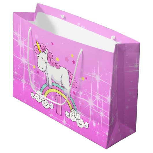 Grand Sac Cadeau Ęr anniversaire de licorne (Devant Angle)