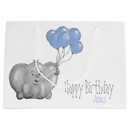 Grand Sac Cadeau ęr éléphant d'anniversaire avec le ballon bleu (Devant)