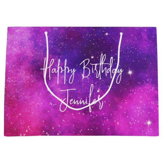 Grand Sac Cadeau Espace rose et violet & Étoiles Faux Galaxy Annive (Devant)