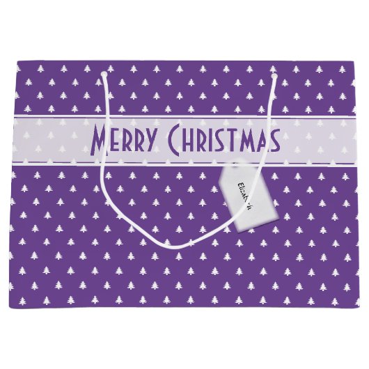 Grand Sac Cadeau Étiquette cadeau : Joyeux Noël motif arbre violet (Devant)