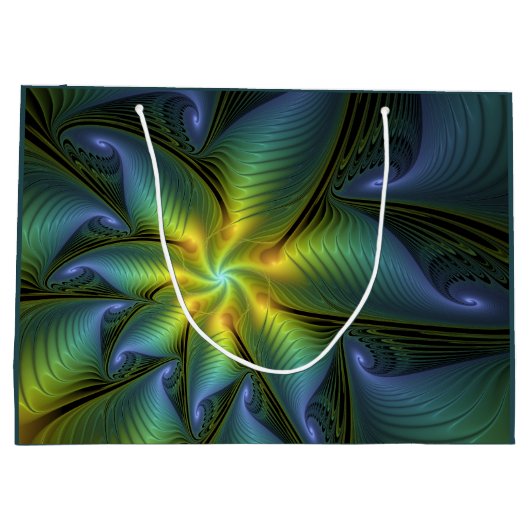 Grand Sac Cadeau Etoile Abstraite, Bleu brillant Vert Or Fractal Ar (Dos)