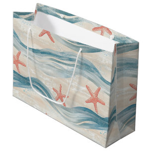 Grand Sac Cadeau Étoile de mer côtière sur motif de vagues de sable