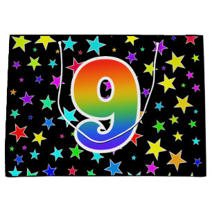 Grand Sac Cadeau Étoiles Colorées + Motif Arc-en-Ciel "9" Evénement