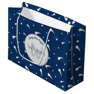 Grand Sac Cadeau Étoiles de tir Aquarelle bleu marine Monogramme