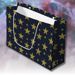 Grand Sac Cadeau Etoiles d'or sur bleu marine - Élégant et intempor
