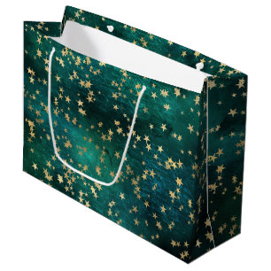 Grand Sac Cadeau Étoiles Dorées Célestes sur Fond de Galaxie Turquo