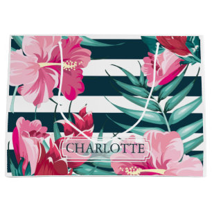 Grand Sac Cadeau Exotic Summer Floral Personnalisé rayé