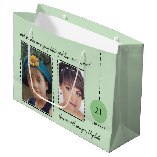 Grand Sac Cadeau Extraordinaire 21e anniversaire nom date vert noir (Devant Angle)