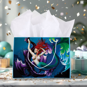 Grand Sac Cadeau Fantaisie Mystique Sirène Bleue Dragon d'Eau Viole