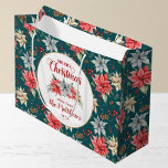 Grand Sac Cadeau Farmhouse Poinsettia Rustic Merry Christmas<br><div class="desc">From the Farmhouse Poinsettia Christmas & Holiday Collection: Farmhouse Poinsettia Rustic Christmas Venin Bags, par Beautiful Calligraphy Script Typografy Merry Christmas et Personalized To & From Nom. Easily customize text for this pretty Christmas Bag Template. Dans 4 different colorway options, this option fea teal green background color, and pretty watercolor...</div>