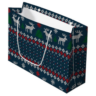 Grand Sac Cadeau Faux Tricot Motif sapin de Noël et cerf