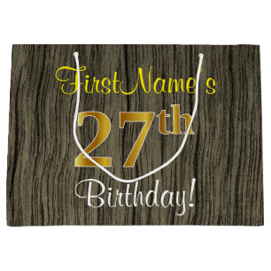 Grand Sac Cadeau Faux Wood Look, Faux Gold 27e anniversaire + Nom