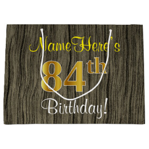 Grand Sac Cadeau Faux Wood Look, Faux Gold 84e anniversaire + Nom
