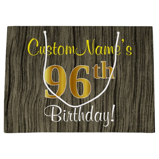 Grand Sac Cadeau Faux Wood Look, Faux Gold 96e anniversaire + nom (Devant)
