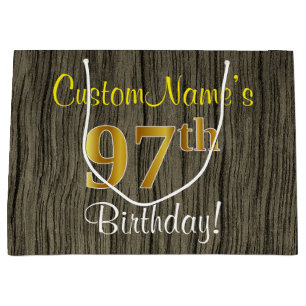 Grand Sac Cadeau Faux Wood Look, Faux Gold 97e anniversaire + nom