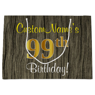 Grand Sac Cadeau Faux Wood Look, Faux Gold 99e anniversaire + Nom