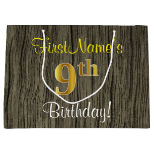 Grand Sac Cadeau Faux Wood Look, Faux Gold 9e Anniversaire + Nom