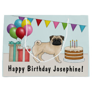 Grand Sac Cadeau Fawn Pug Chiot de Dessin Animé Mignon Anniversaire