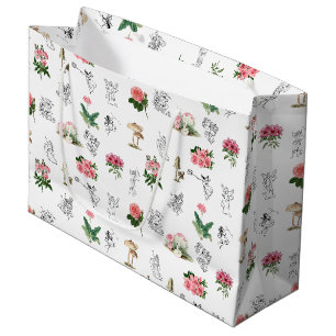 Grand Sac Cadeau Fées Rose Floral & Champignons Motif de fées