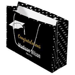 Grand Sac Cadeau Félicitations à Black White & Faux Gold Graduati